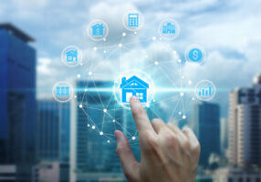 Finger touch with property investment icons over the Network connection on property background, Property investment concept.